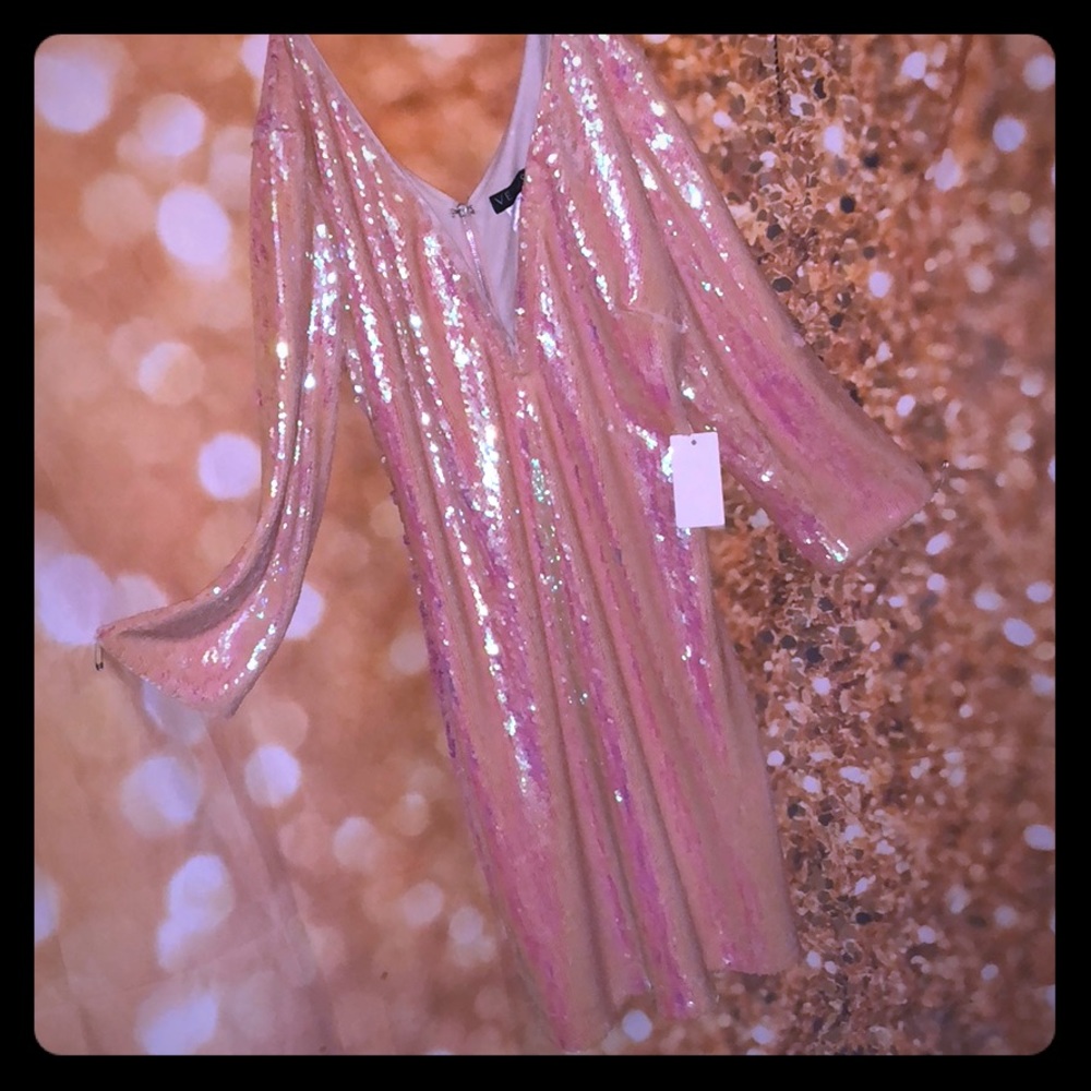 Pink deep plunge neckline sequined dress